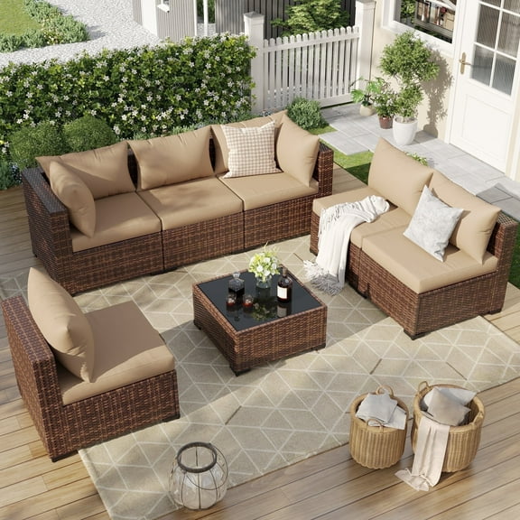 ELPOSUN 7 Pieces Patio Furniture Set All Weather Outdoor Sectional Sofa, Outdoor Modern Sectional Furniture Wicker Couch with Glass Coffee Table, Thicken Khaki Cushions, Water Resistant