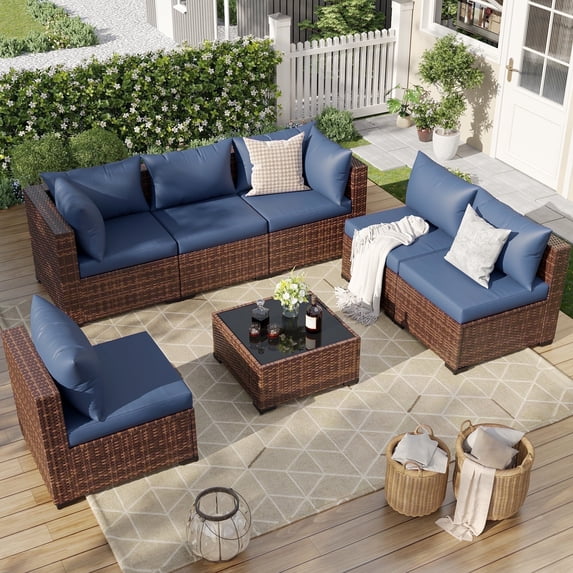 ELPOSUN 7 Pieces Patio Furniture Set All Weather Outdoor Sectional Sofa, Outdoor Modern Sectional Furniture Wicker Couch with Glass Coffee Table, Thicken Navy Blue Cushions, Water Resistant