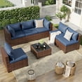 thumbnail image 1 of ELPOSUN 7 Pieces Patio Furniture Set All Weather Outdoor Sectional Sofa, Outdoor Modern Sectional Furniture Wicker Couch with Glass Coffee Table, Thicken Navy Blue Cushions, Water Resistant, 1 of 11