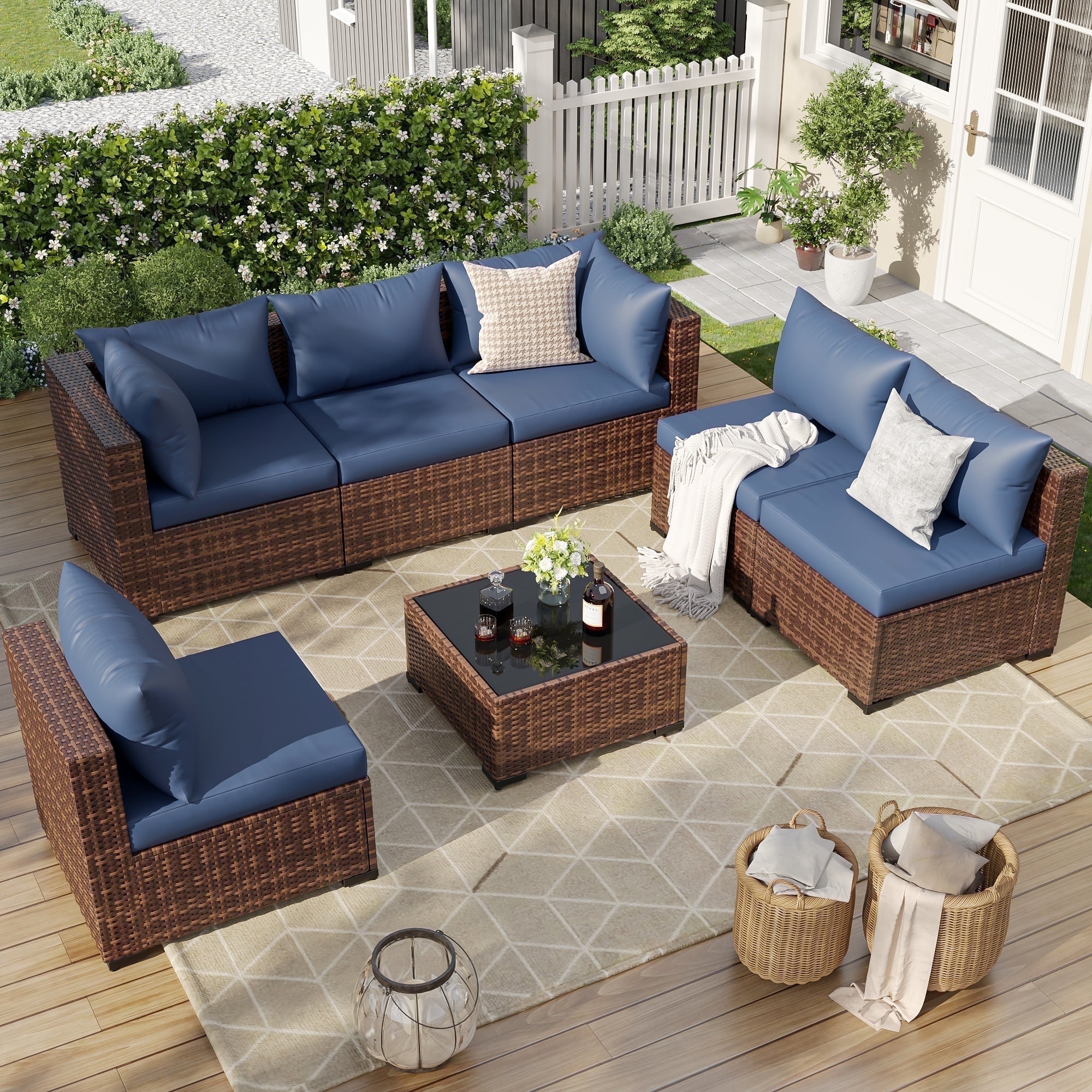 The Coupon deal of  Walmart Black Friday Deals 2025 - ELPOSUN 7-Piece Outdoor Sectional Sofa Set, All-Weather Wicker Couch, Navy Blue Cushions, Recliner, Glass Coffee Table