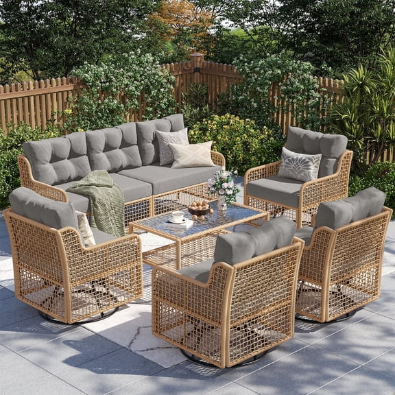 ELPOSUN 7-Seat Outdoor Patio Furniture Set, Wicker Rattan Outdoor Furniture Set with Swivel Chairs & All-Weather Thickened Cushions for Garden, Porch, Backyard, and Poolside, Gray