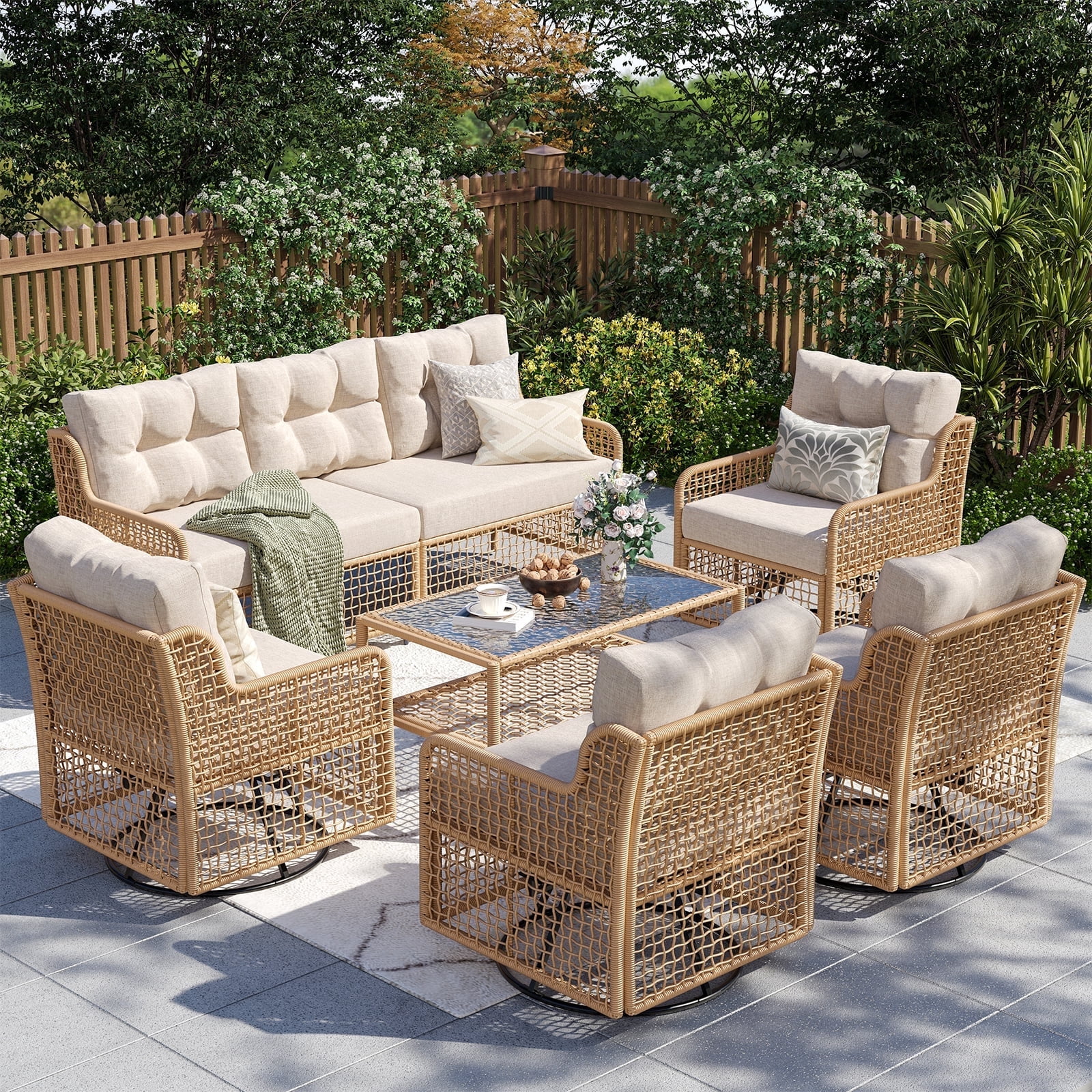 ELPOSUN 7-Seat Outdoor Patio Furniture Set, Wicker Rattan Outdoor Furniture Set with Swivel Chairs & All-Weather Thickened Cushions for Garden, Porch, Backyard, and Poolside, Beige