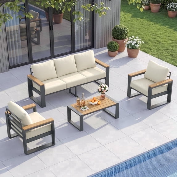 ELPOSUN Aluminum Patio Furniture Set,5-Seats Oversized Outdoor Sectional Conversation Set with Coffee Table for Porch Balcony Yard(Gray)