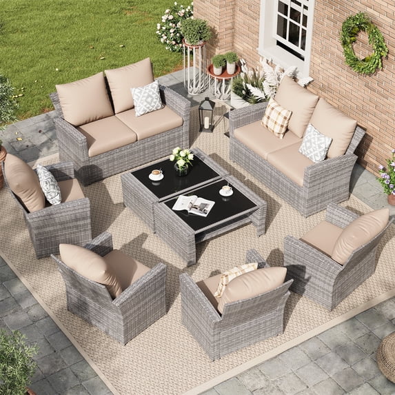 ELPOSUN 8 Piece Outdoor Sectional Conversation Sets , Wicker Patio Furniture Set,Gray PE Rattan Patio Sofa Set for Balcony, Porch, Backyard, Navy Blue