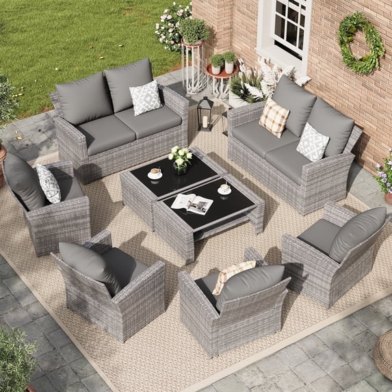 ELPOSUN 8 Piece Outdoor Sectional Conversation Sets , Wicker Patio Furniture Set,Gray PE Rattan Patio Sofa Set for Balcony, Porch, Backyard, Grey