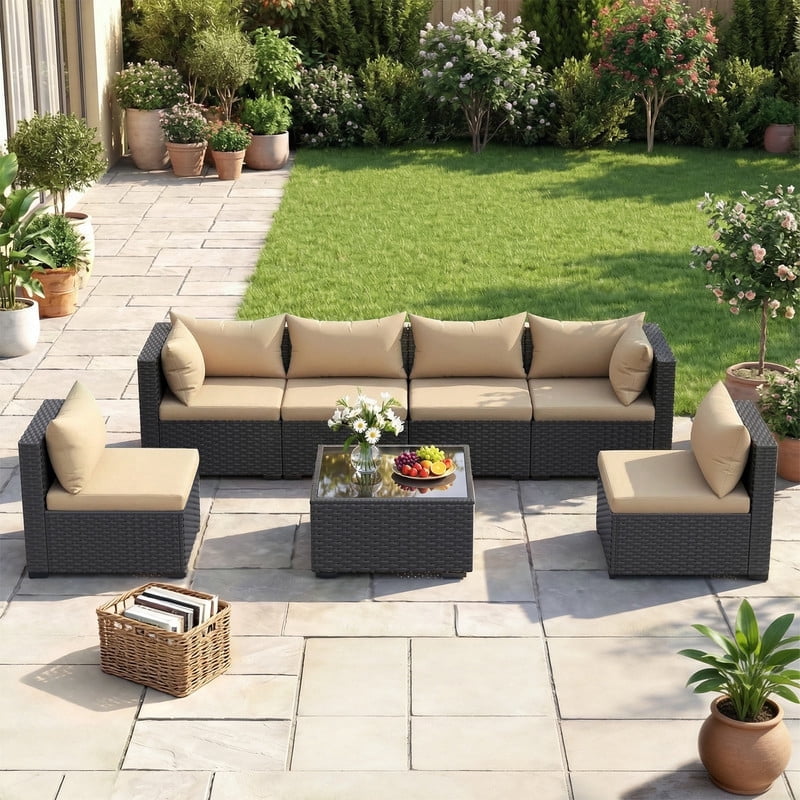 ELPOSUN 7 Pieces Patio Furniture Set, Outdoor Furniture Sectional Rattan Sofa with Patio Couch for Backyard Garden Khaki