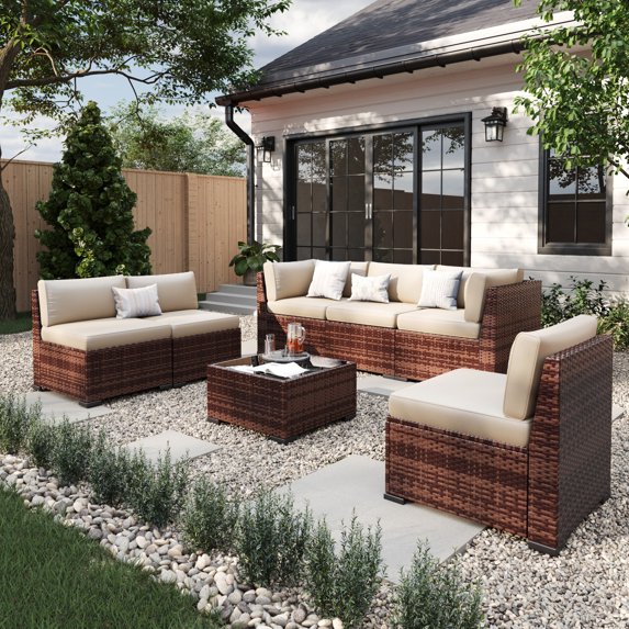 ELPOSUN 7 Pieces Patio Furniture Set, Outdoor Furniture Sectional Rattan Sofa with Patio Couch for Backyard Garden Khaki