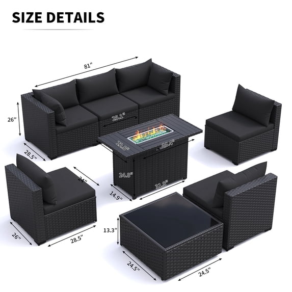 ELPOSUN 8 Pieces Patio Furniture Set with Fire Pit Table, Outdoor Furniture Sectional Rattan Sofa for Backyard Garden,Black
