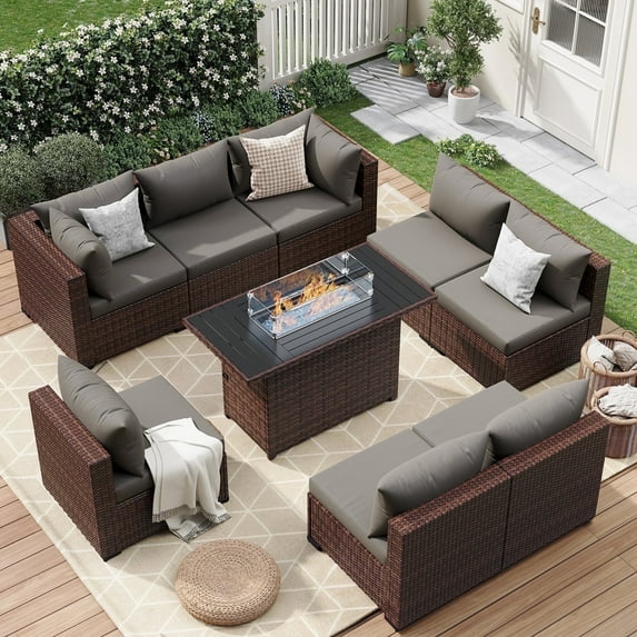 ELPOSUN 9 Pieces Patio Furniture Set All Weather Outdoor Sectional Sofa, Outdoor Modern Sectional Furniture Wicker Couch with Fire Pit Table, Thicken Grey Cushions, Water Resistant