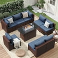thumbnail image 1 of ELPOSUN 9 Pieces Patio Furniture Set All Weather Outdoor Sectional Sofa, Outdoor Modern Sectional Furniture Wicker Couch with Fire Pit Table, Thicken Navy Blue Cushions, Water Resistant, 1 of 7