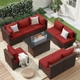 thumbnail image 1 of ELPOSUN 9 Pieces Patio Furniture Set All Weather Outdoor Sectional Sofa, Outdoor Modern Sectional Furniture Wicker Couch with Fire Pit Table, Thicken Wine Red Cushions, Water Resistant, 1 of 7