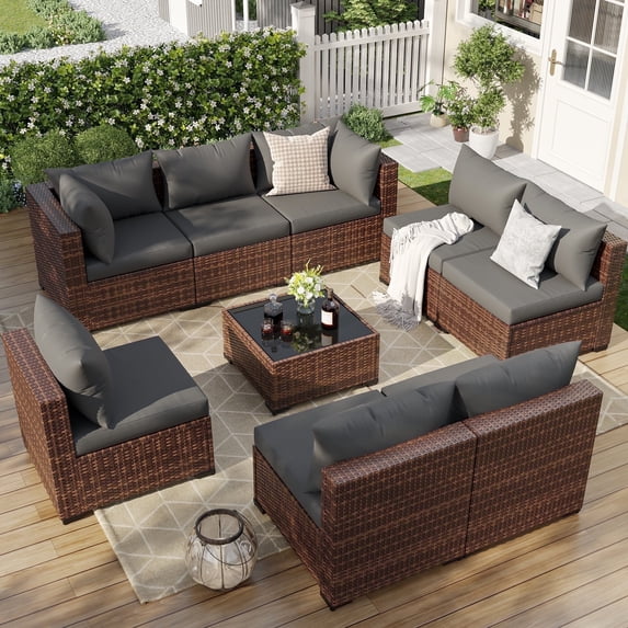 ELPOSUN 9 Pieces Patio Furniture Set All Weather Outdoor Sectional Sofa, Outdoor Modern Sectional Furniture Wicker Couch with Glass Coffee Table, Thicken Gray Cushions, Water Resistant