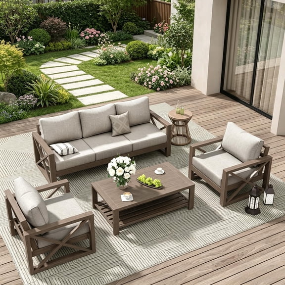 ELPOSUN Aluminum Outdoor Patio Furniture Set,6-Pieces Modern Metal Outdoor Furniture, Faux Wood Grain Finish Frame Patio Conversation Sofa Sets with 6"Thick Cushion for Porch,Backyard,Deck,Biege
