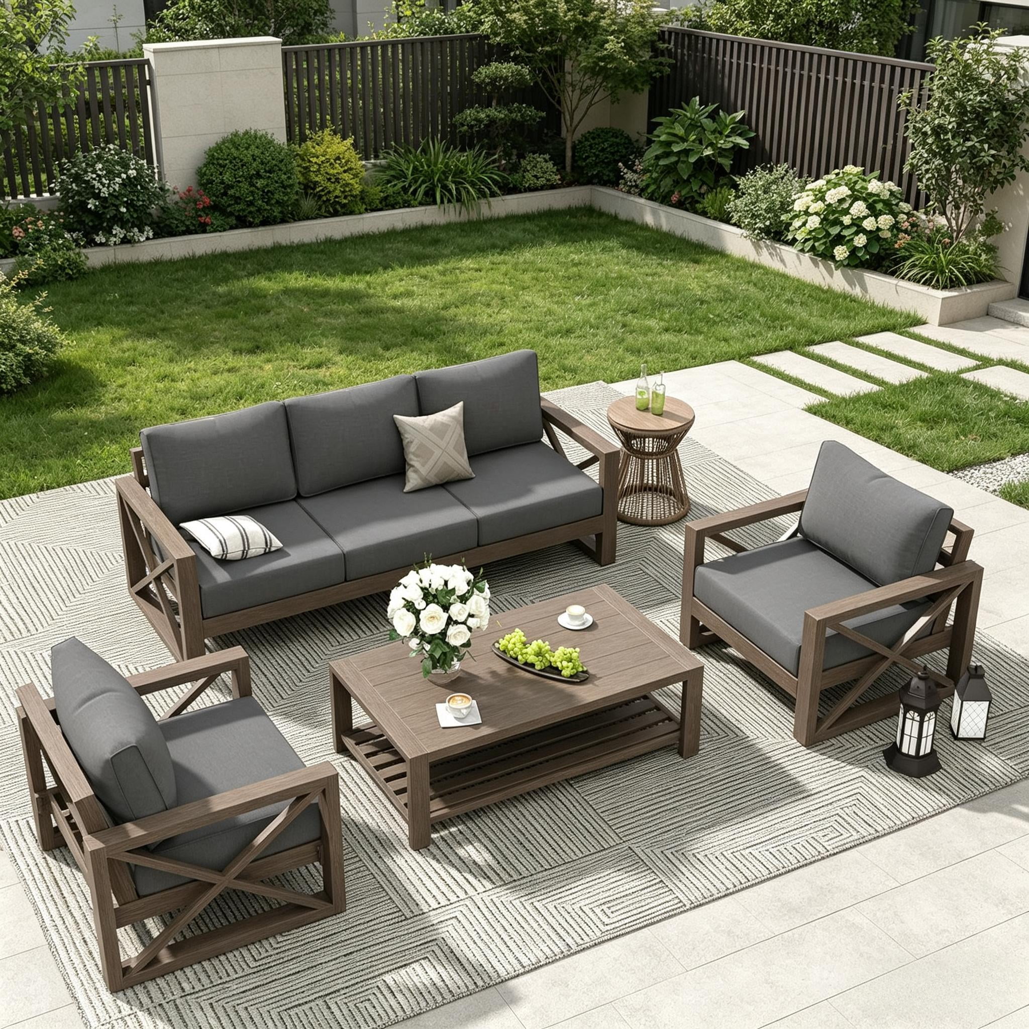 ELPOSUN Aluminum Outdoor Patio Furniture Set,6-Pieces Modern Metal Outdoor Furniture, Faux Wood Grain Finish Frame Patio Conversation Sofa Sets with 6"Thick Cushion for Porch,Backyard,Deck,Gray