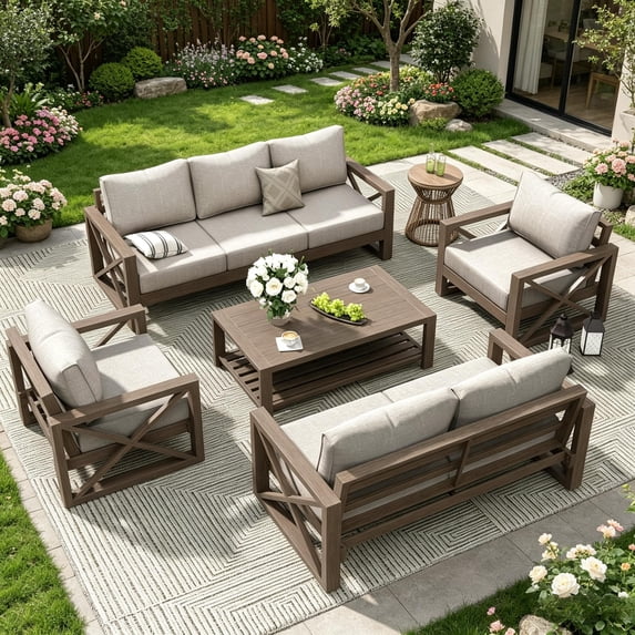 ELPOSUN Aluminum Outdoor Patio Furniture Set,8-Pieces Modern Metal Outdoor Furniture, Faux Wood Grain Finish Frame Patio Conversation Sofa Sets with 6"Thick Cushion for Porch,Backyard,Deck,Beige
