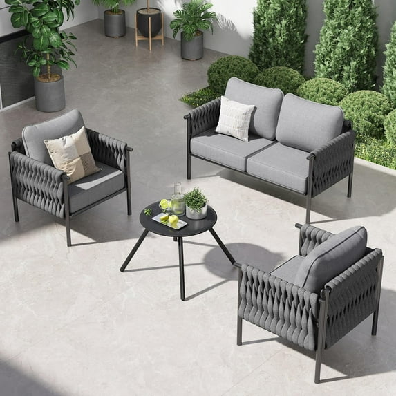 ELPOSUN Metal Patio Furniture Set,4 Pieces Metal Outdoor Furniture Set, Modern Outdoor Patio Sofa Set with 6" Thickened Cushion, Metal Outdoor Furniture for Porch,Pool,Garden(Grey)