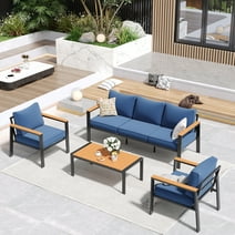 ELPOSUN Aluminum Patio Furniture Set, 6 Pieces Metal Outdoor Furniture Sets, Outdoor Sectional Modern Sofa Sets with Coffee Table for Pool, Garden, Gray&Blue (Included Waterproof Covers)