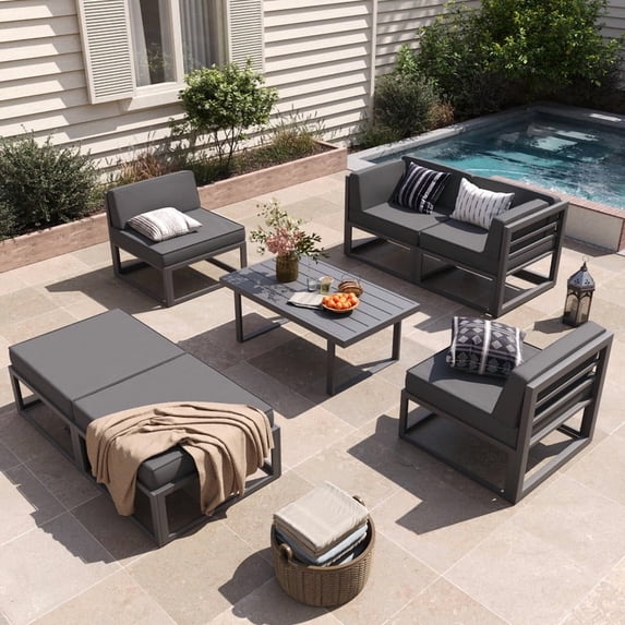ELPOSUN Aluminum Patio Furniture Set, 7 Piece Modular Oversized Outdoor Sectional of Olefin 5 inch Thick Cushion, Coffee Table and Waterproof Cover, Patio Conversation Sets for Porch, Deck