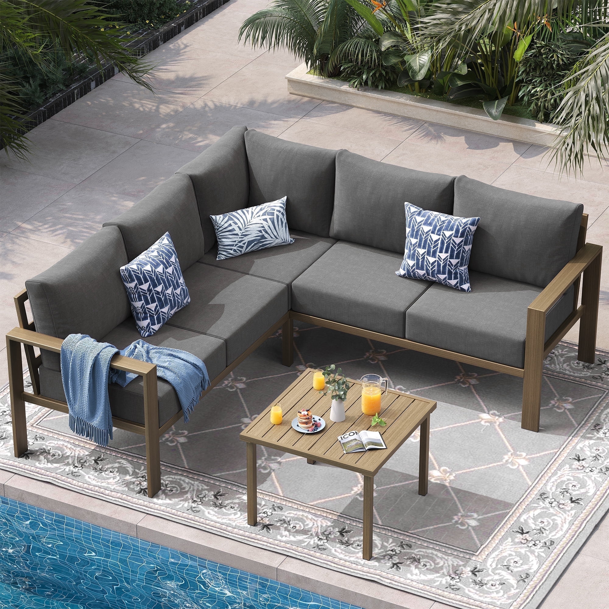ELPOSUN 6 Pieces Patio Furniture Sets with 6" Thick Olefin Cushions, Faux Wood Metal Outdoor Sectional Furniture L Shape Patio Conversation Sets for Garden, Backyard Gray