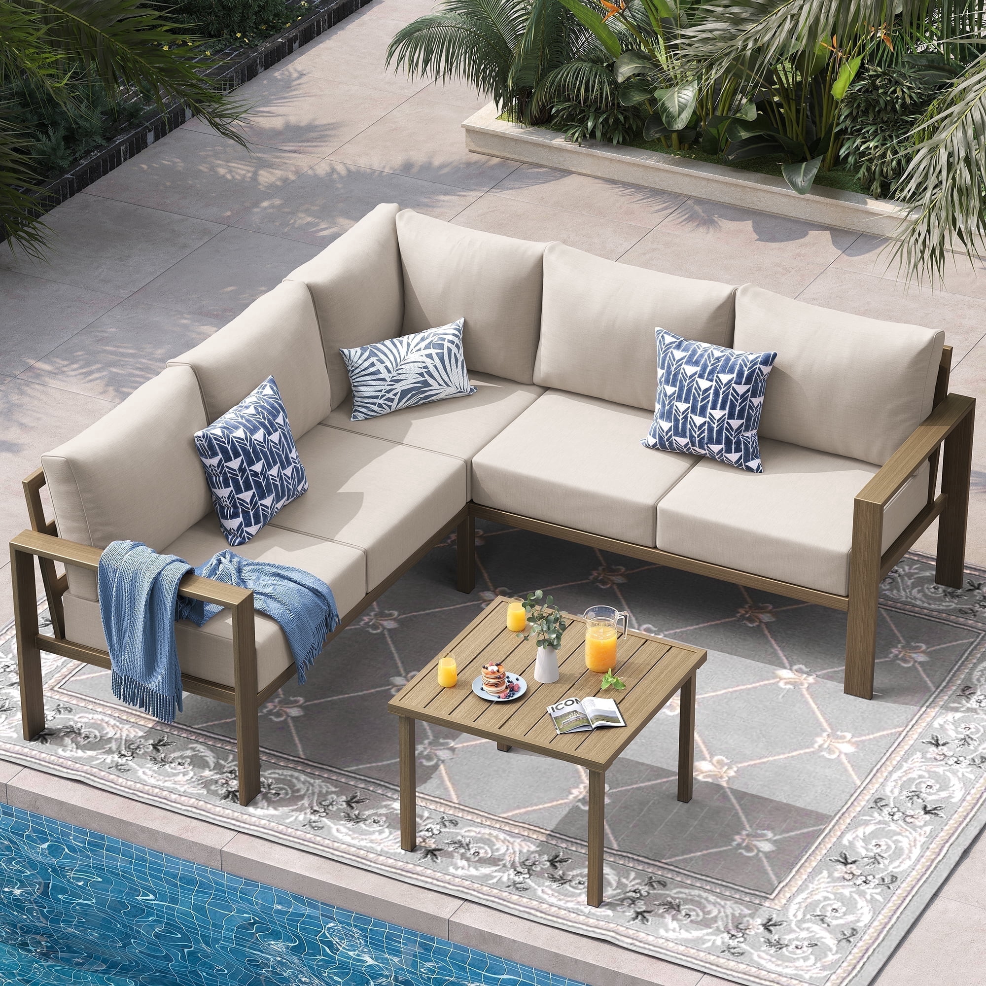 ELPOSUN 6 Pieces Patio Furniture Sets with 6" Thick Olefin Cushions, Faux Wood Metal Outdoor Sectional Furniture L Shape Patio Conversation Sets for Garden, Backyard Beige