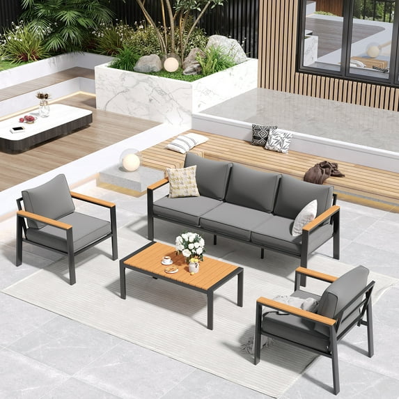 ELPOSUN Aluminum Patio Furniture Set, Modular Oversized Outdoor Sectional of Olefin 5 inch Thick Cushion, Coffee Table and Waterproof Cover, Patio Conversation Sets for Porch, Deck