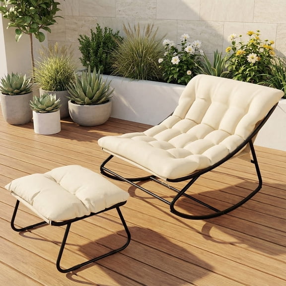 ELPOSUN Beige Outdoor Papasan Rocking Chair with Ottoman, Sturdy Metal Frame Egg Lounge Rocker for Balcony Backyard Porch Bedroom
