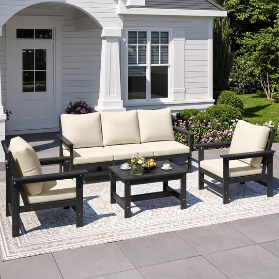 ELPOSUN HDPE Patio Conversation Set, 6-Peice outdoor furniture set, All Weather Outdoor Couch Set with Coffee Table, Black Frame with Beige Cushions