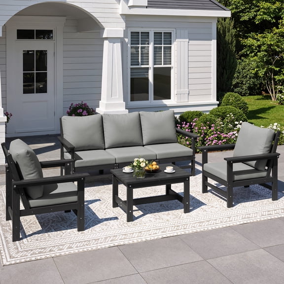 ELPOSUN HDPE Patio Conversation Set, 6-Peice outdoor furniture set, All Weather Outdoor Couch Set with Coffee Table, Black Frame with Grey Cushions