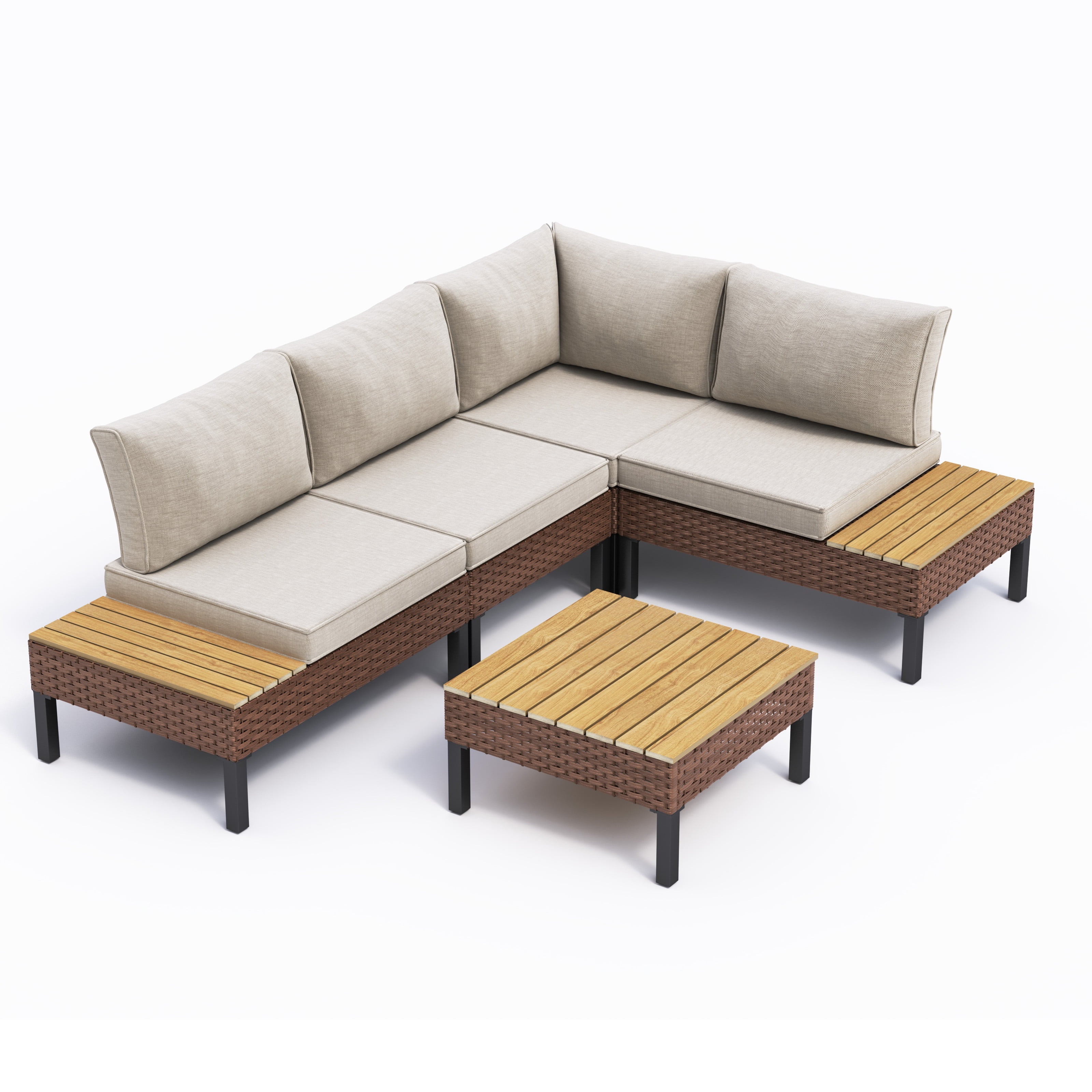ELPOSUN Patio L Shaped Conversation Sectional Sofa Set with Coffee Table, 5 Pieces Patio Furniture Seating Group with Side Table for Backyard Garden, Beige Grey