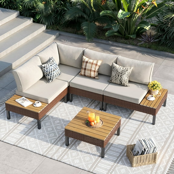 ELPOSUN Patio L Shaped Conversation Sectional Sofa Set with Coffee Table, 5 Pieces Patio Furniture Seating Group with Side Table for Backyard Garden, Beige Grey