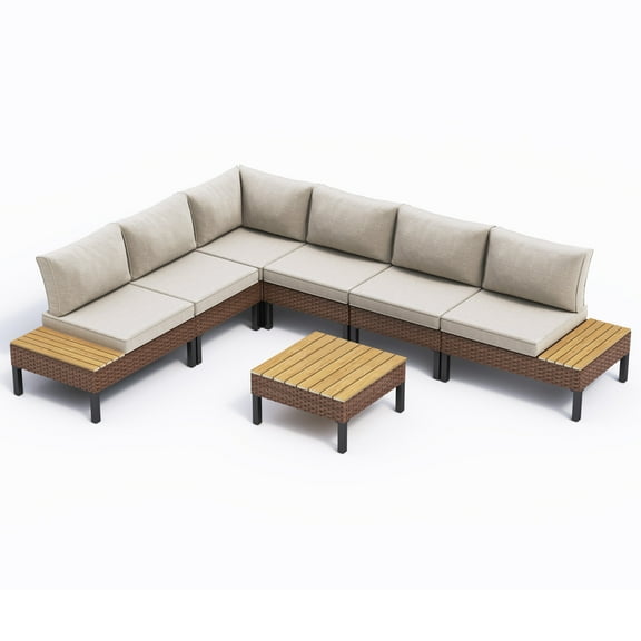 ELPOSUN Patio L Shaped Conversation Sectional Sofa Set with Coffee Table, 7 Pieces Patio Furniture Seating Group with Side Table for Backyard Garden, Beige Grey