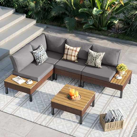 ELPOSUN Patio L Shaped Conversation Sectional Sofa Set with Coffee Table, 5 Pieces Patio Furniture Seating Group with Side Table for Backyard Garden, Gray