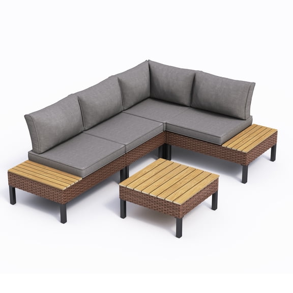 ELPOSUN Patio L Shaped Conversation Sectional Sofa Set with Coffee Table, 5 Pieces Patio Furniture Seating Group with Side Table for Backyard Garden, Gray