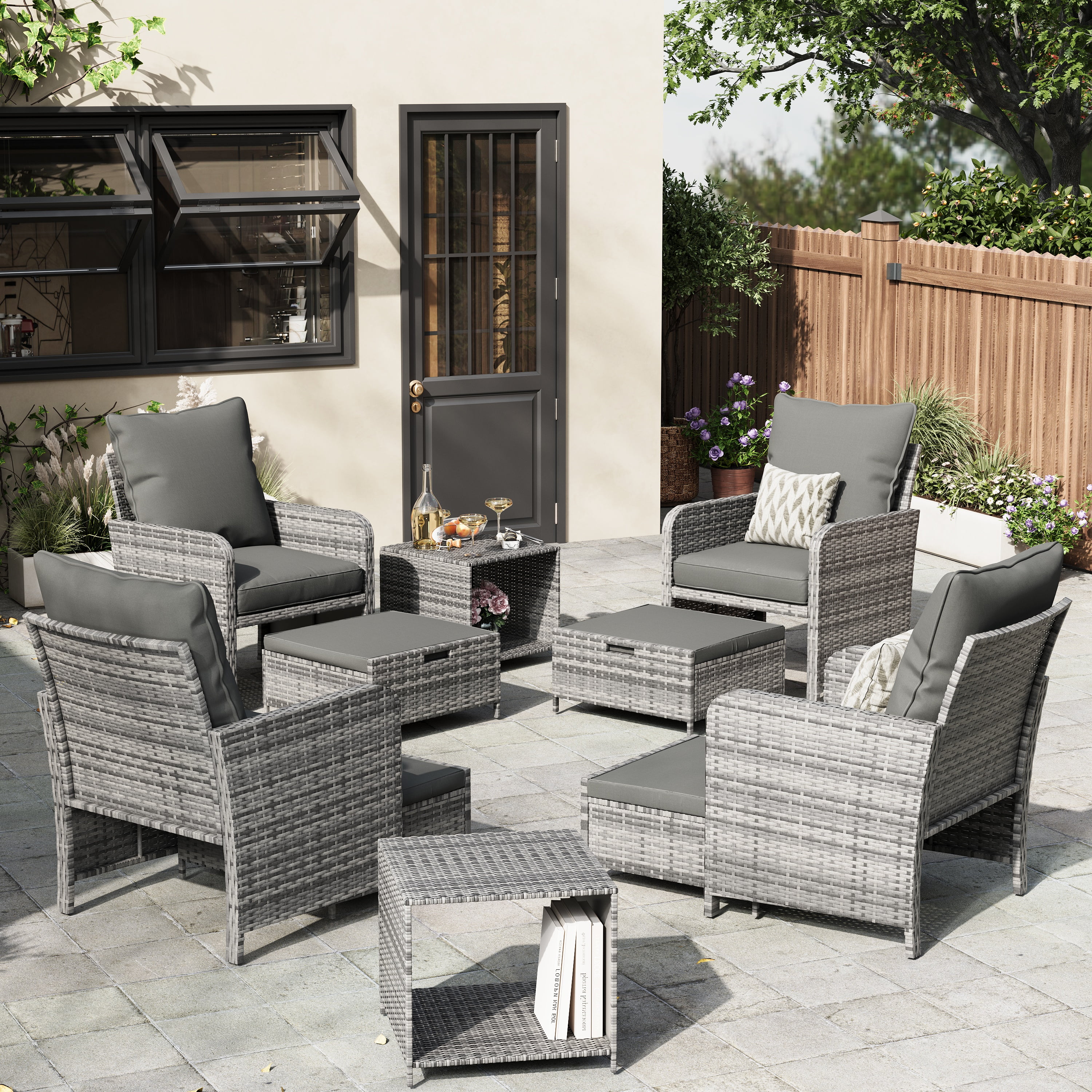 ELPOSUN 10 Piece Patio Furniture Set, Outdoor Patio Conversation Rattan Chair with Ottomans w/Storage Coffee Table for Pati ,Dark Grey
