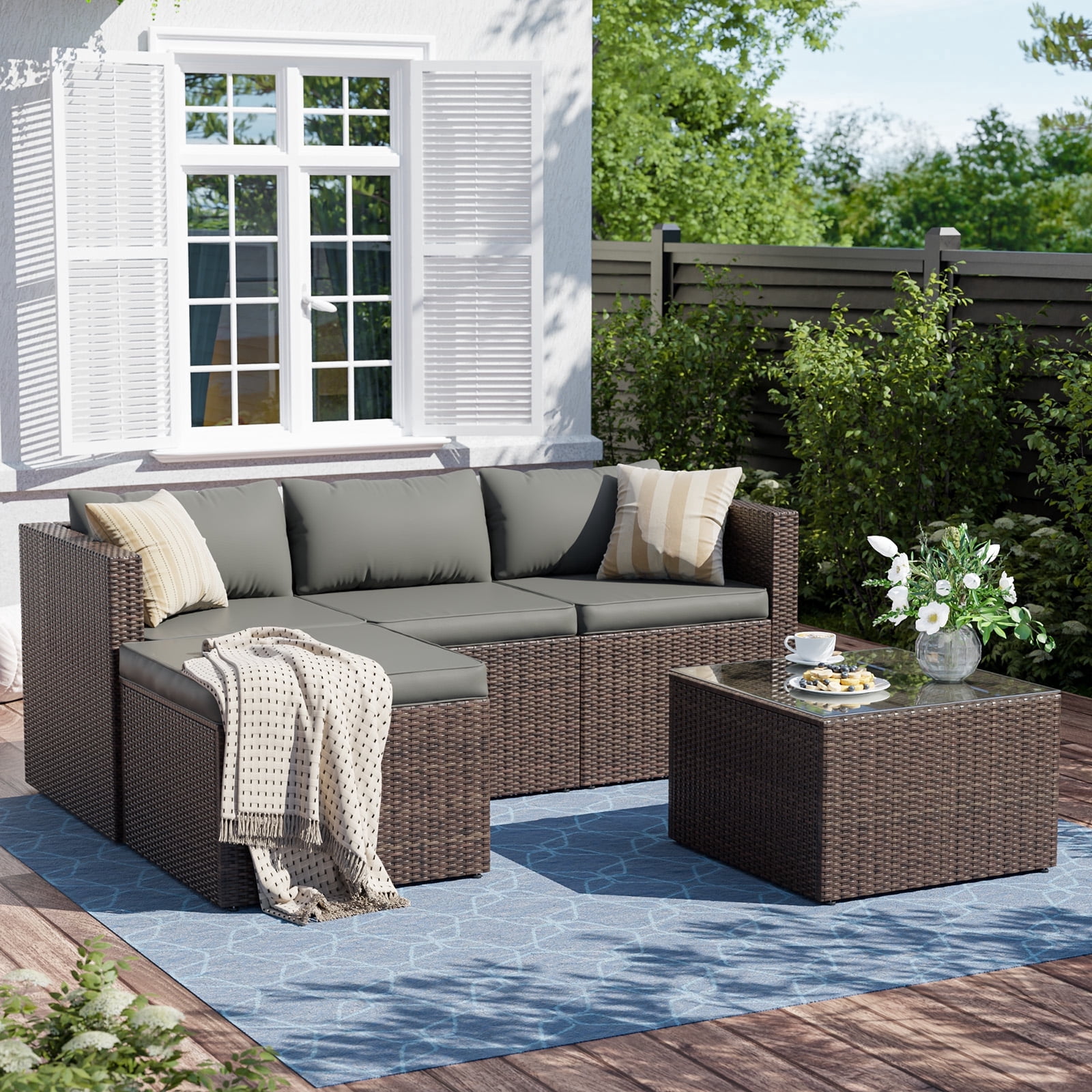 ELPOSUN 5-Piece Patio Furniture Set,Patio Conversation Set All-Weather Wicker Outdoor Sectional Sofa Set with Table & Cushions, Grey