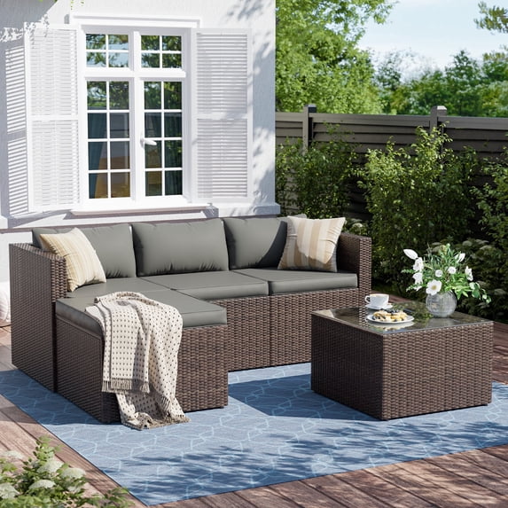 ELPOSUN 5-Piece Patio Furniture Set,Patio Conversation Set All-Weather Wicker Outdoor Sectional Sofa Set with Table & Cushions, Grey