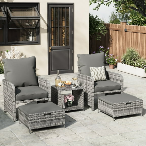 ELPOSUN 5 Piece Patio Furniture Set, Outdoor Patio Conversation Rattan Chair with Ottomans w/Storage Coffee Table for Pati ,Dark Grey