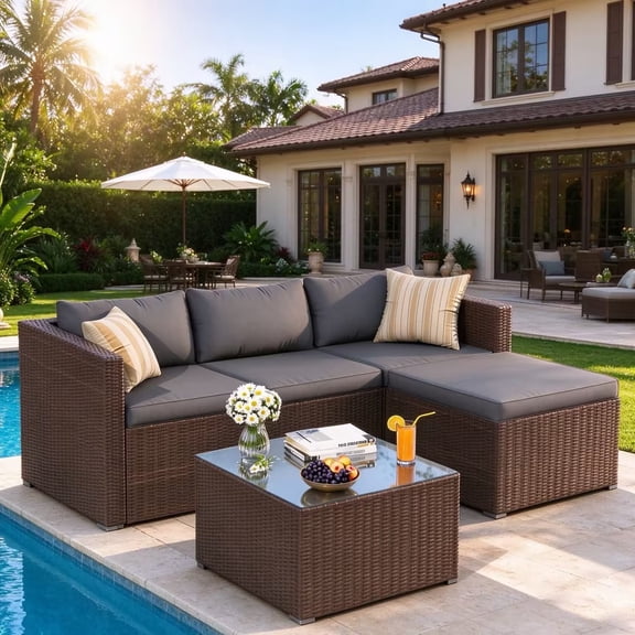 ELPOSUN 5-Piece Patio Furniture Set,Patio Conversation Set All-Weather Wicker Outdoor Sectional Sofa Set with Table & Cushions, Grey