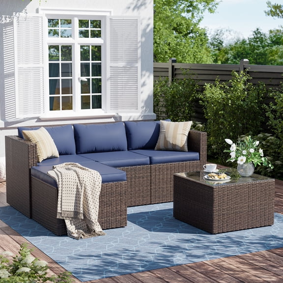 ELPOSUN 5-Piece Patio Furniture Set,Patio Conversation Set All-Weather Wicker Outdoor Sectional Sofa Set with Table & Cushions, Blue