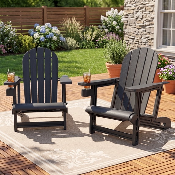 ELPOSUN Outdoor Adirondack Chair Set of 2 with Cup Holders, All-Weather HDPE Fire Pit Chairs for Outdoor, Patio, Poolside, Garden-Black