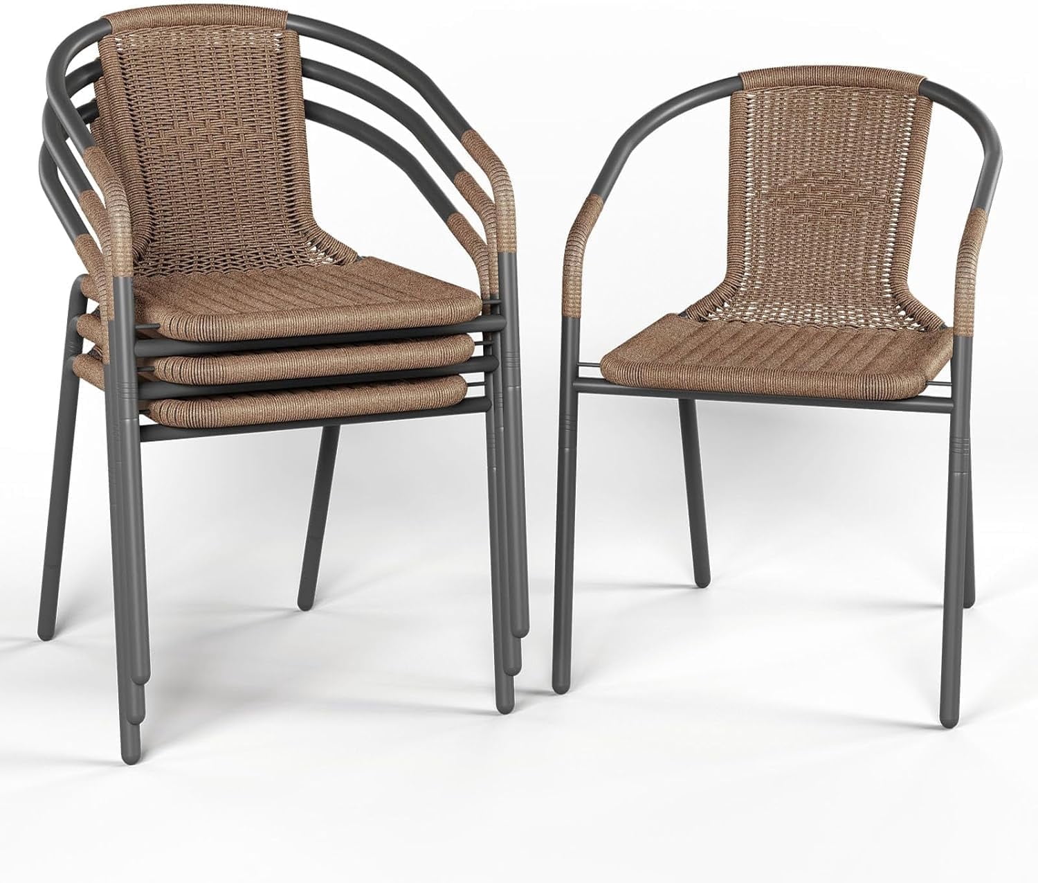 ELPOSUN Outdoor Dining Chairs Set of 4, Wicker Patio Chairs with Metal Frame, Rattan Indoor-Outdoor Chairs for Bistro, Deck, Backyard, Porch, Restaurant Stack Chair 4 Pack （Brown）