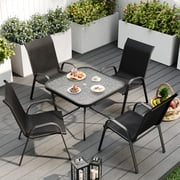 ELPOSUN Outdoor Dining Set of 5, Patio Table and Chairs Set, Textured Glass Tabletop, 4 Stackable Patio Chairs, Patio Furniture, Balcony, Porch, Lawn- Black
