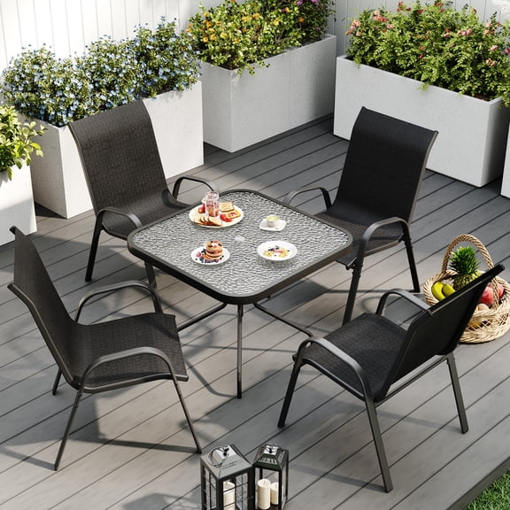 ELPOSUN Outdoor Dining Set of 5, Patio Table and Chairs Set, Textured Glass Tabletop, 4 Stackable Patio Chairs, Patio Furniture, Balcony, Porch, Lawn- Black
