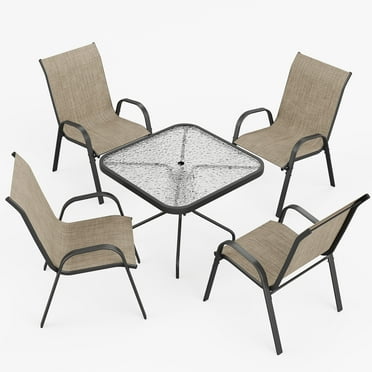 ELPOSUN Outdoor Dining Set of 5, Patio Table and Chairs Set, Textured Glass Tabletop, 4 Stackable Patio Chairs, Patio Furniture, Balcony, Porch, Lawn- Brown