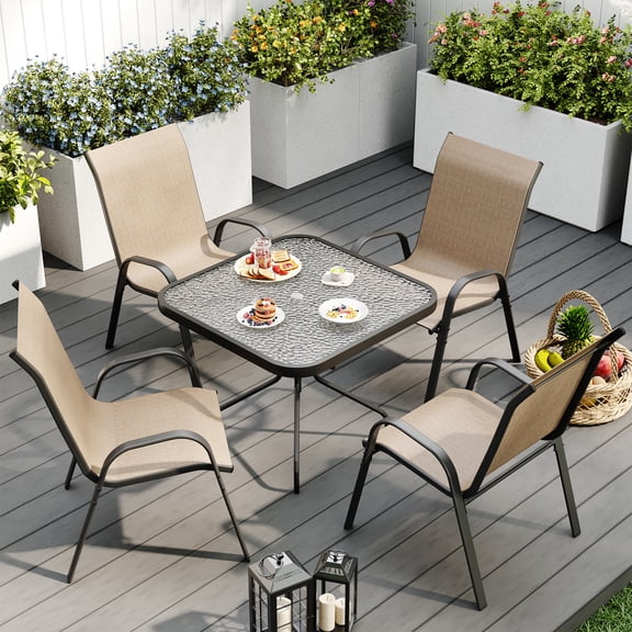 ELPOSUN Outdoor Dining Set of 5, Patio Table and Chairs Set, Textured Glass Tabletop, 4 Stackable Patio Chairs, Patio Furniture, Balcony, Porch, Lawn- Brown