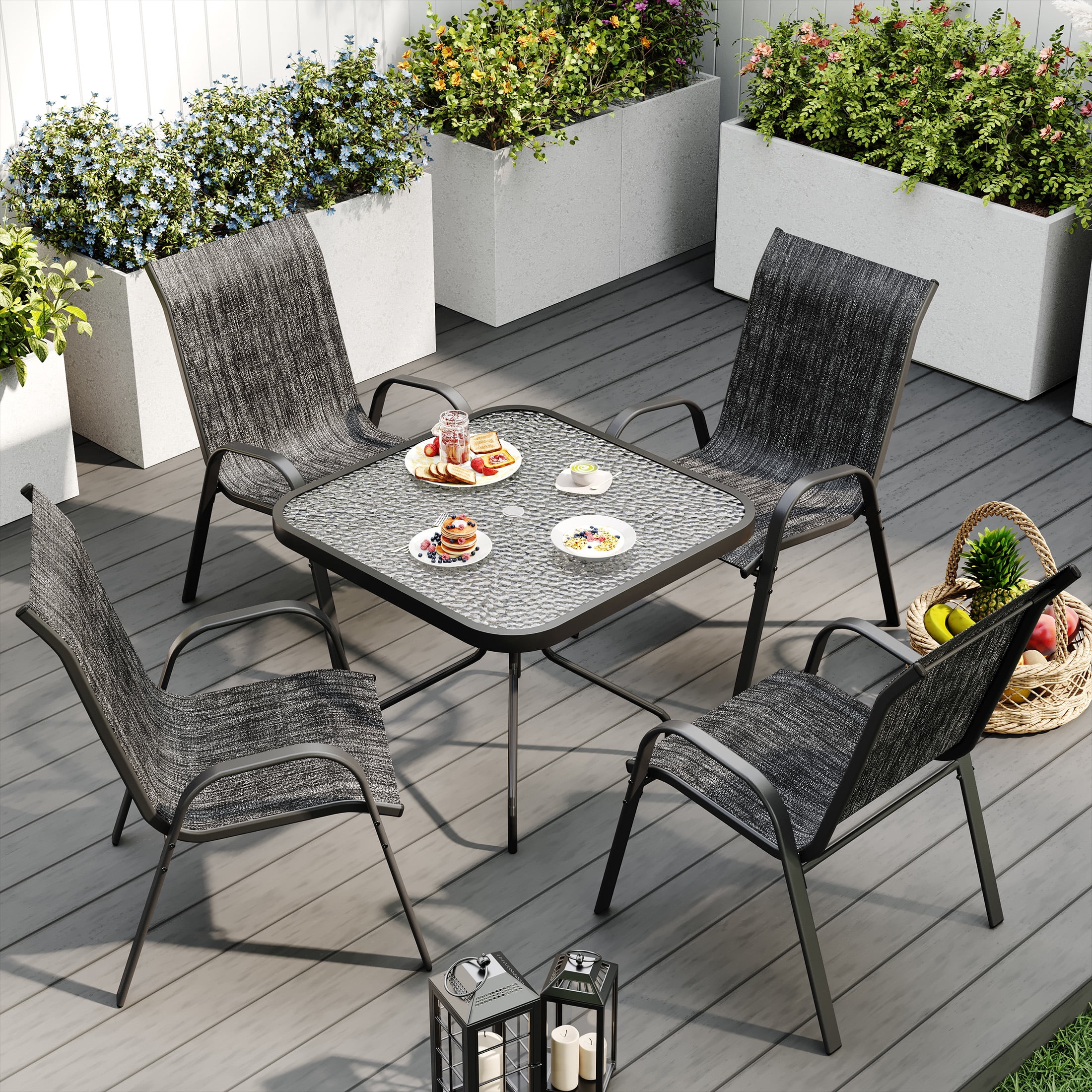 ELPOSUN Outdoor Dining Set of 5, Patio Table and Chairs Set, Textured Glass Tabletop, 4 Stackable Patio Chairs, Patio Furniture, Balcony, Porch, Lawn- Dark Grey