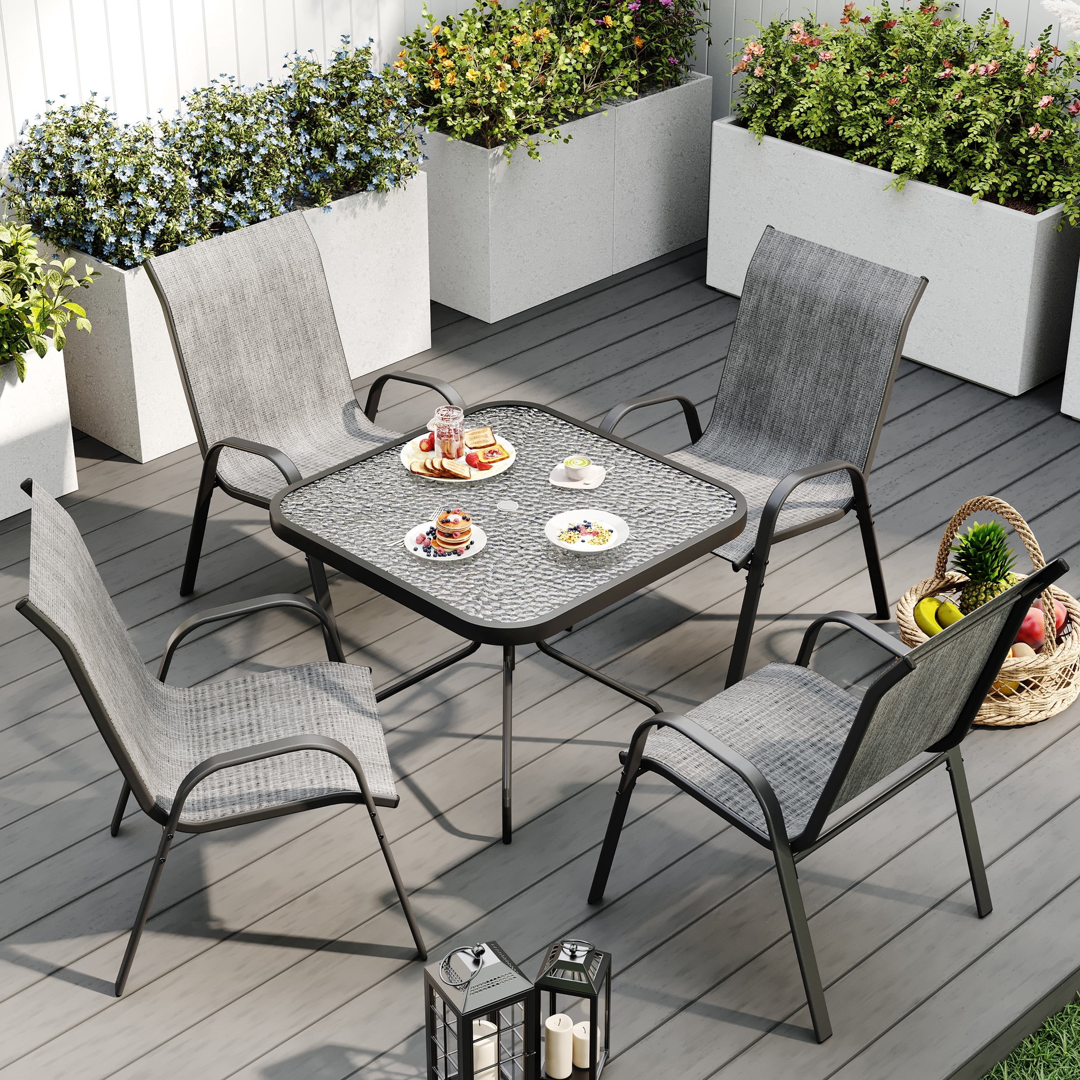 ELPOSUN Outdoor Dining Set of 5, Patio Table and Chairs Set, Textured Glass Tabletop, 4 Stackable Patio Chairs, Patio Furniture, Balcony, Porch, Lawn- Light Grey
