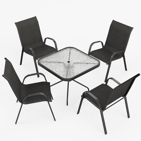 ELPOSUN Outdoor Dining Set of 5, Patio Table and Chairs Set, Textured Glass Tabletop, 4 Stackable Patio Chairs, Patio Furniture, Balcony, Porch, Lawn- Black