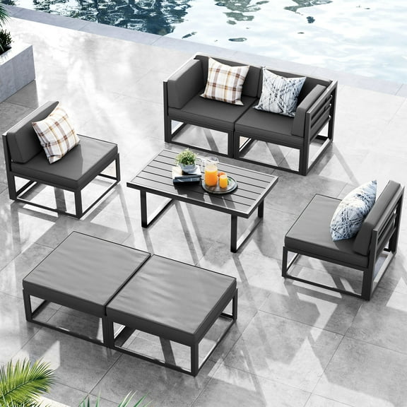 ELPOSUN Aluminum Patio Furniture Set,7 Piece Modern Outdoor Furniture with 5 inch Cushion, Metal Patio Sectional Conversation Sets for Deck, Backyard, Porch(Grey)