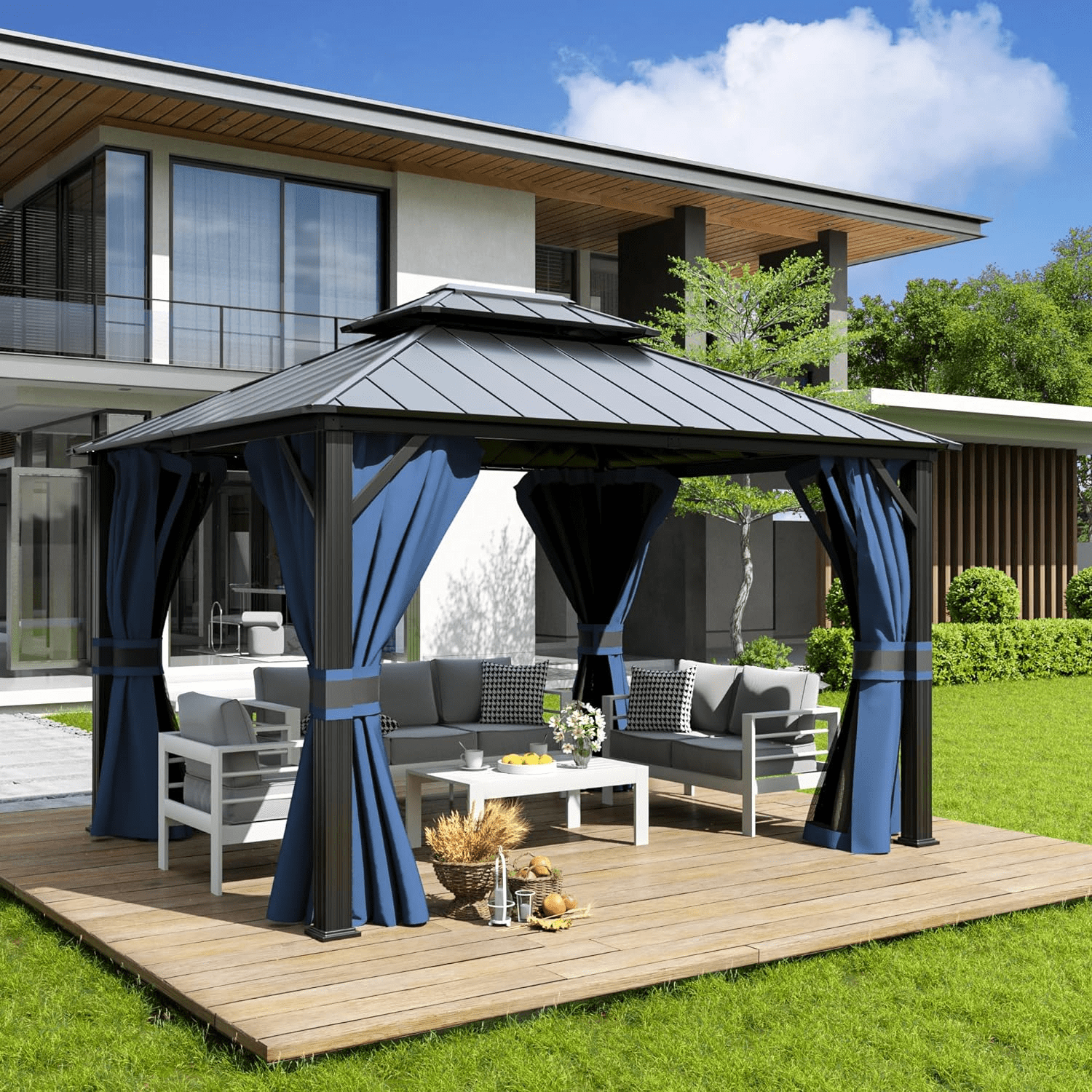 ELPOSUN Outdoor Living 12’ X 14’ Hardtop Gazebo Canopy with Netting & Curtains, Outdoor Aluminum Gazebo with Galvanized Steel Double Roof for Patio Lawn and Garden, Blue